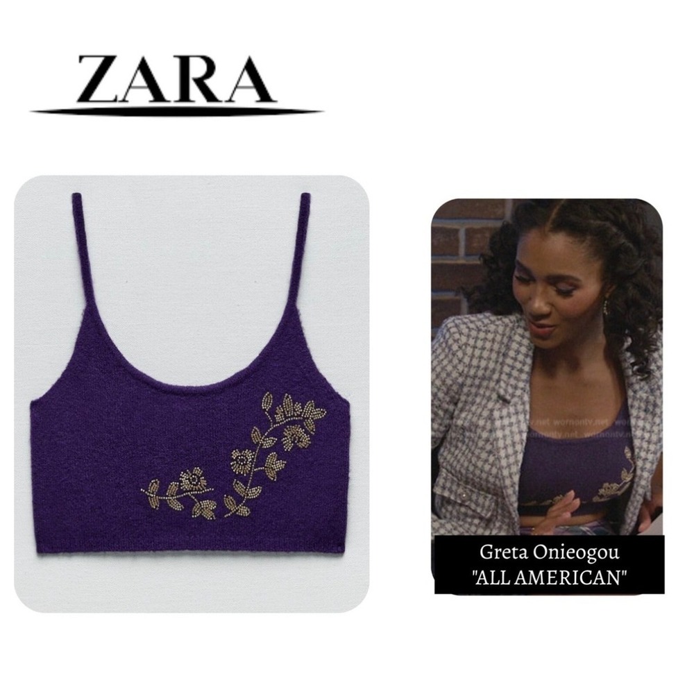 M8 ZARA Women's‎ BEADED Knit TOP Crop MEDIUM Purple Wool Tank Pull-On